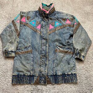 Vintage Weathered Blues Womens Acid Wash 80 Denim Jacket Leather Trim Large